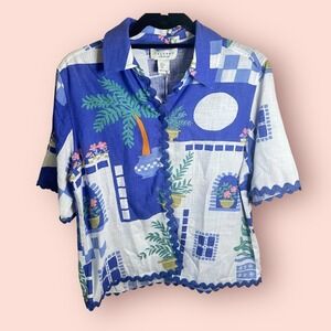 CALYPSO ST BARTH Resort Linen Short Sleeve Blue White Shirt Button Maximalist SM